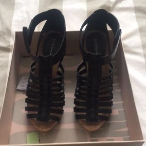 BCBG black leather cork heels